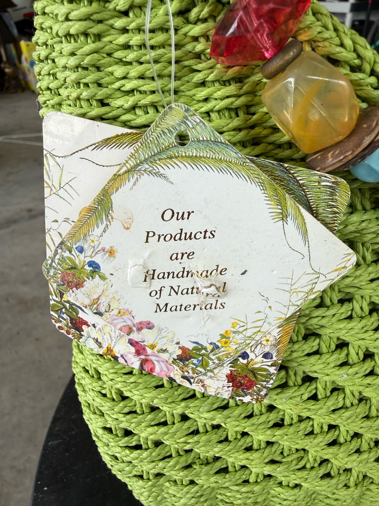 Handmade Lime Green Woven Tote With Decorative Tag
